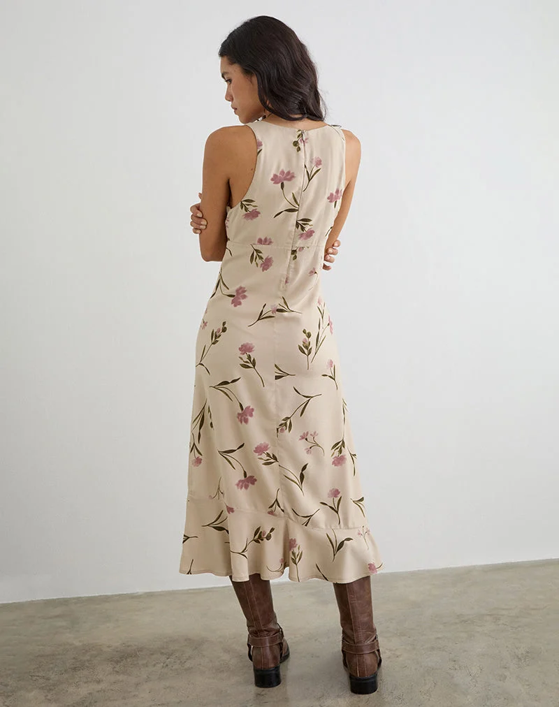 Robe midi Lisandy, motif « Bloom Leafy » couleur taupe