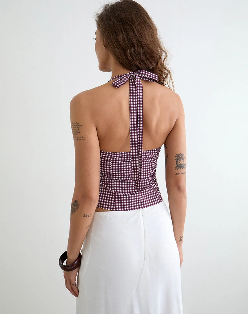 Haut à col licou Kampi, motif vichy mini, couleur vin