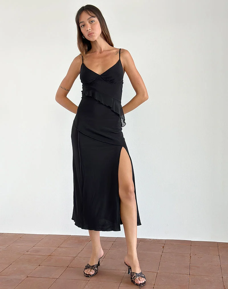 Jacy Ruffle Midi Dress in Mesh Black (robe midi à volants en maille)