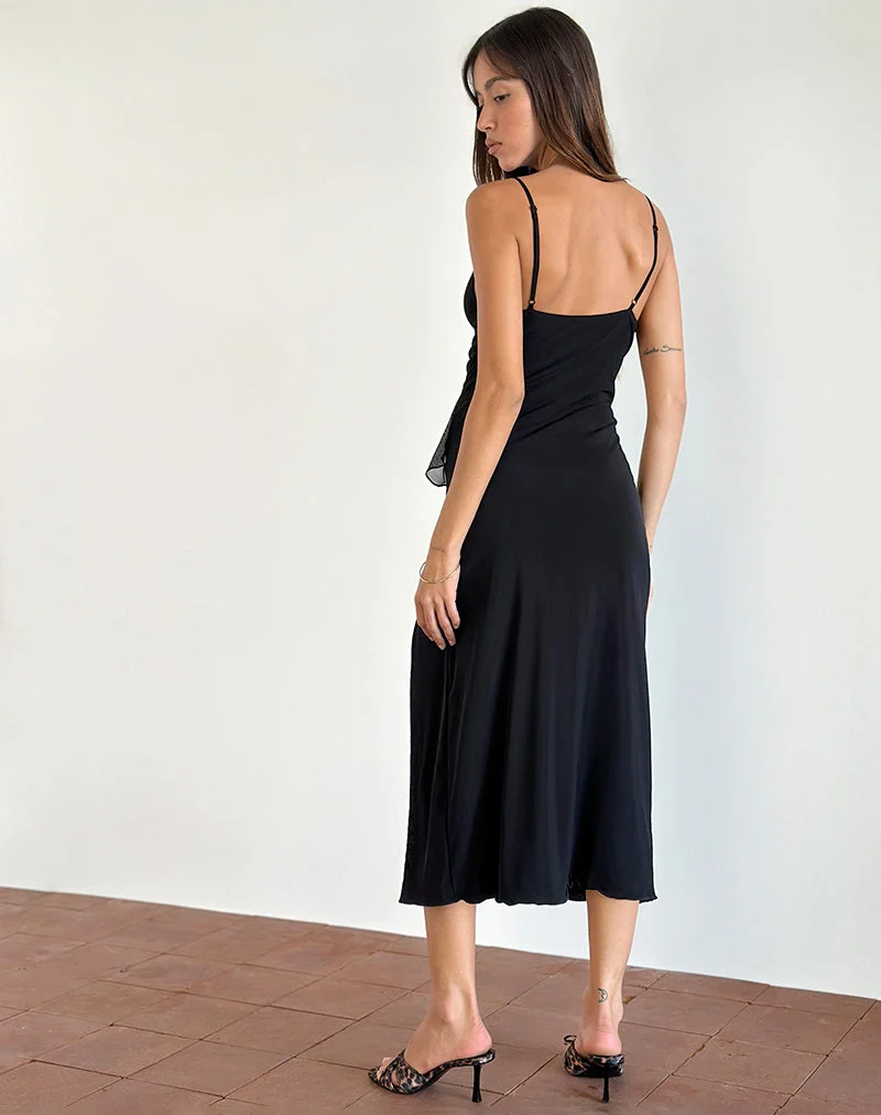 Jacy Ruffle Midi Dress in Mesh Black (robe midi à volants en maille)