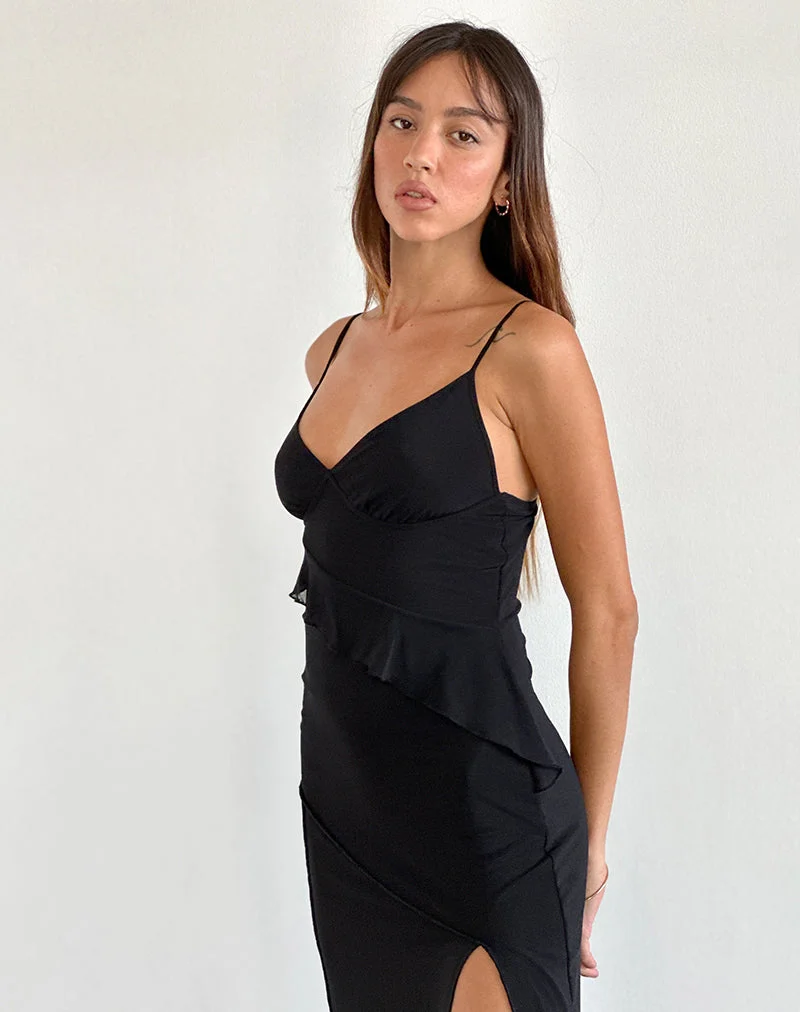 Jacy Ruffle Midi Dress in Mesh Black (robe midi à volants en maille)