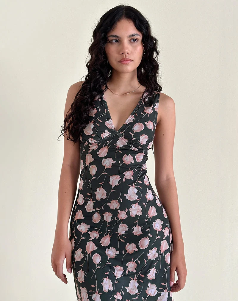 Robe midi Gabriela, Falling Rose Jet Black