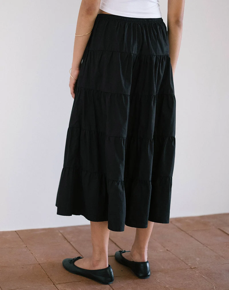 Izumi Tiered Midi Skirt, Poplin Black