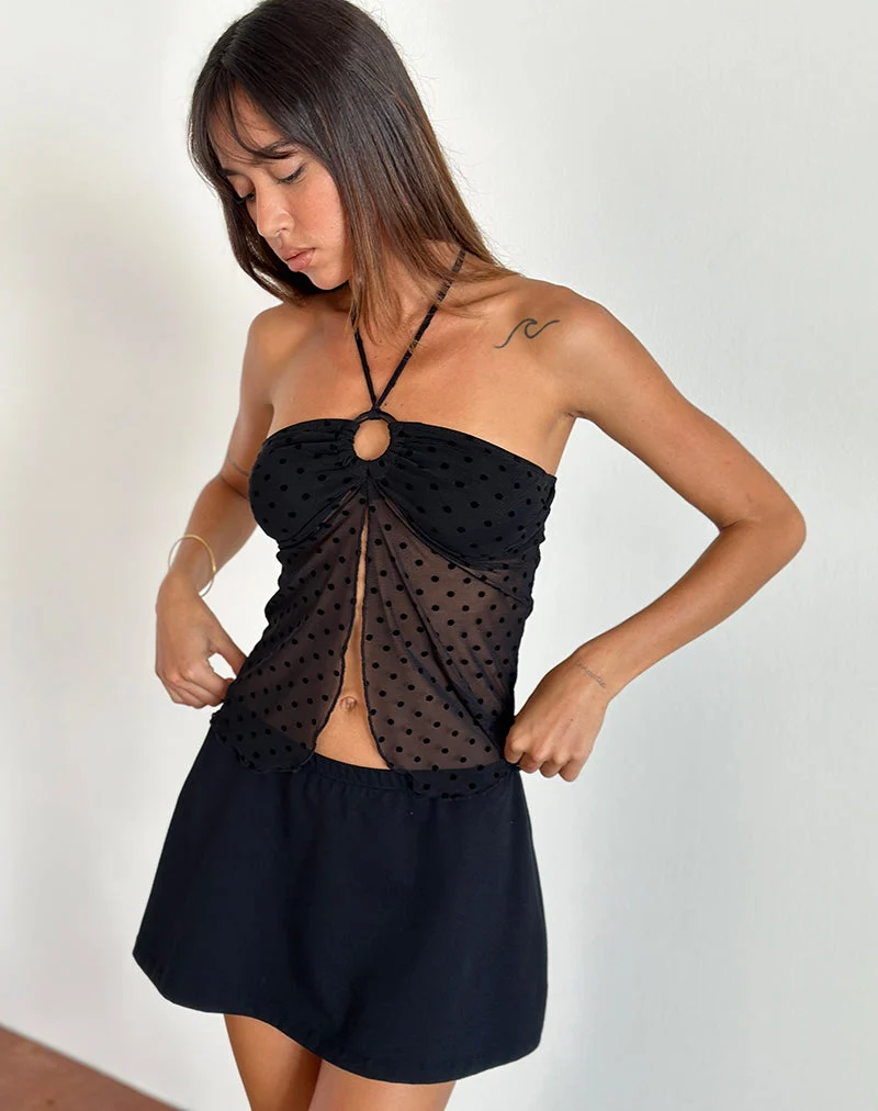 Janar Halterneck Top in Basic Polka Flock Black (Top dos nu)