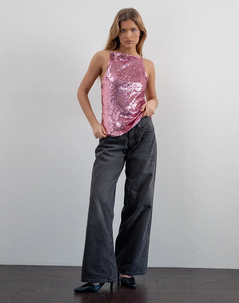 Damske - Top gilet en paillettes roses
