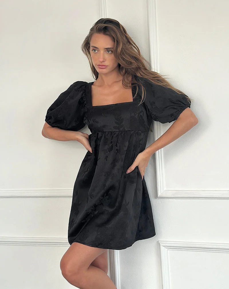Bimbi Babydoll Mini Robe en satin Jacquard Noir