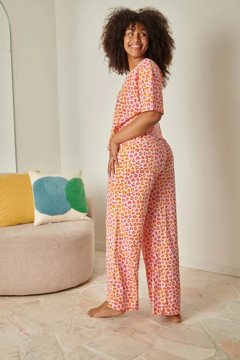 Pyjama Long Coton BIO - Léopard Rose