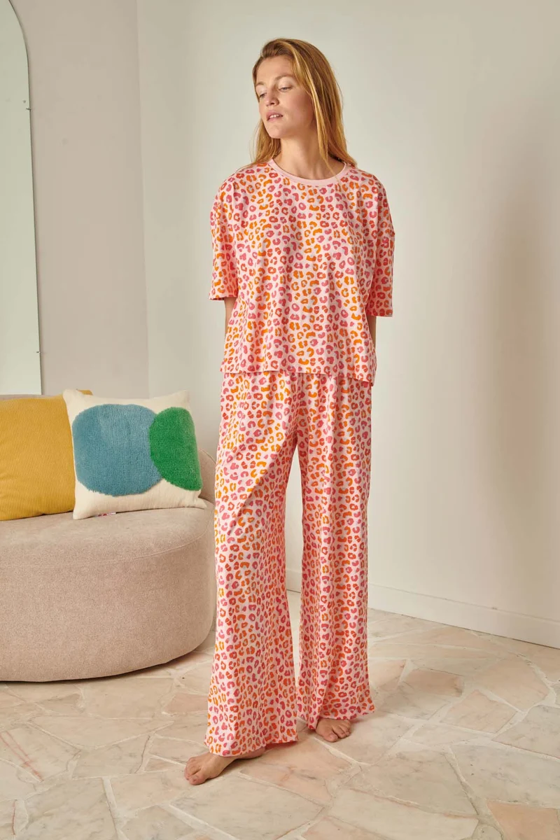 Pyjama Long Coton BIO - Léopard Rose
