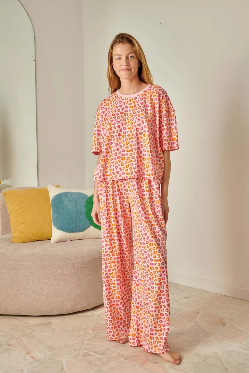 Pyjama Long Coton BIO - Léopard Rose
