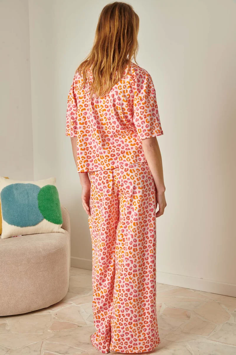 Pyjama Long Coton BIO - Léopard Rose