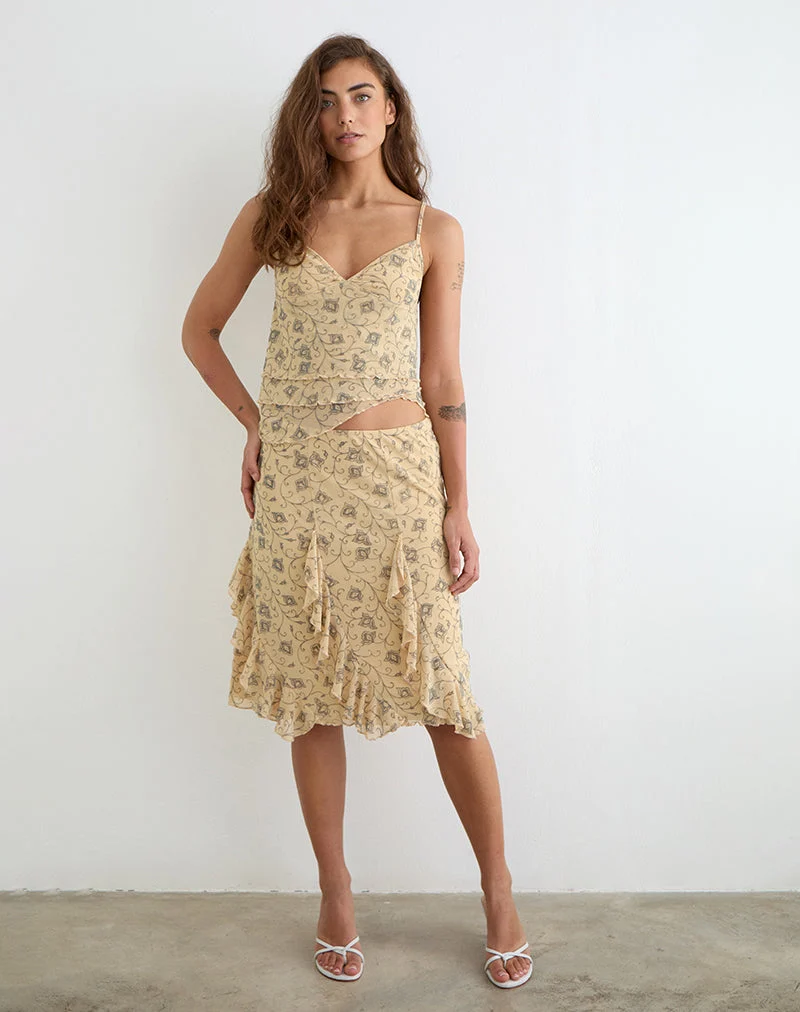 Jupe midi Luisa, modèle « Winding Ivy », jaune pâle
