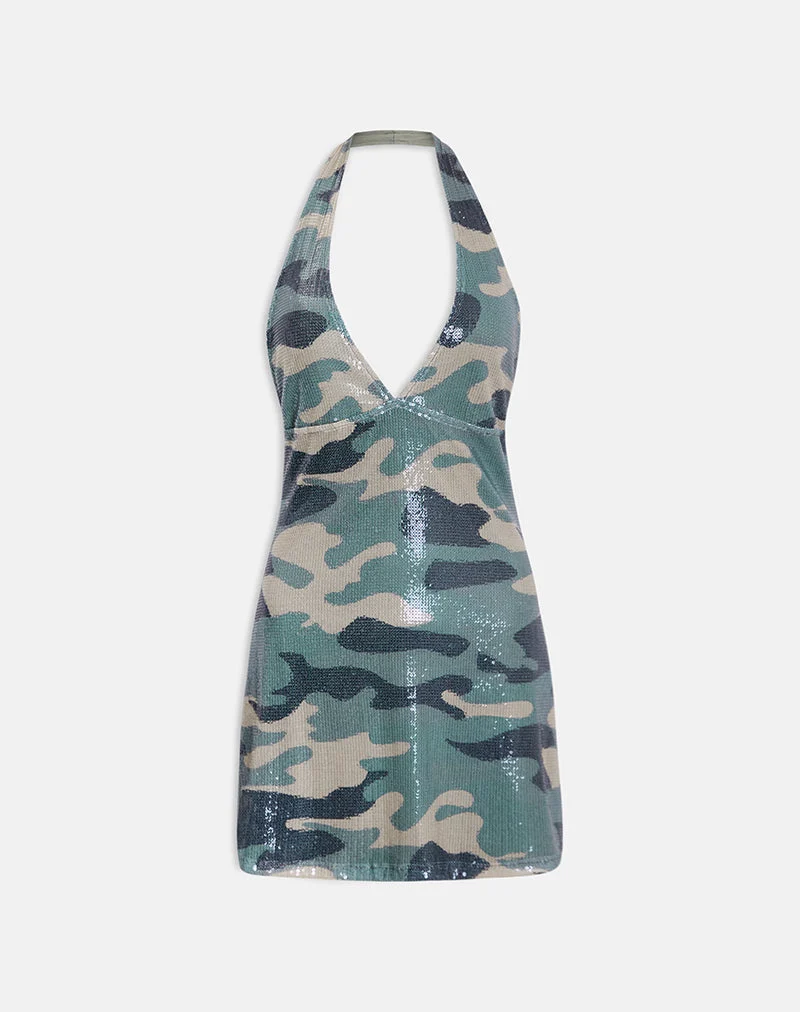Mini-robe dos nu Hepasi, motif camouflage à paillettes, vert kaki