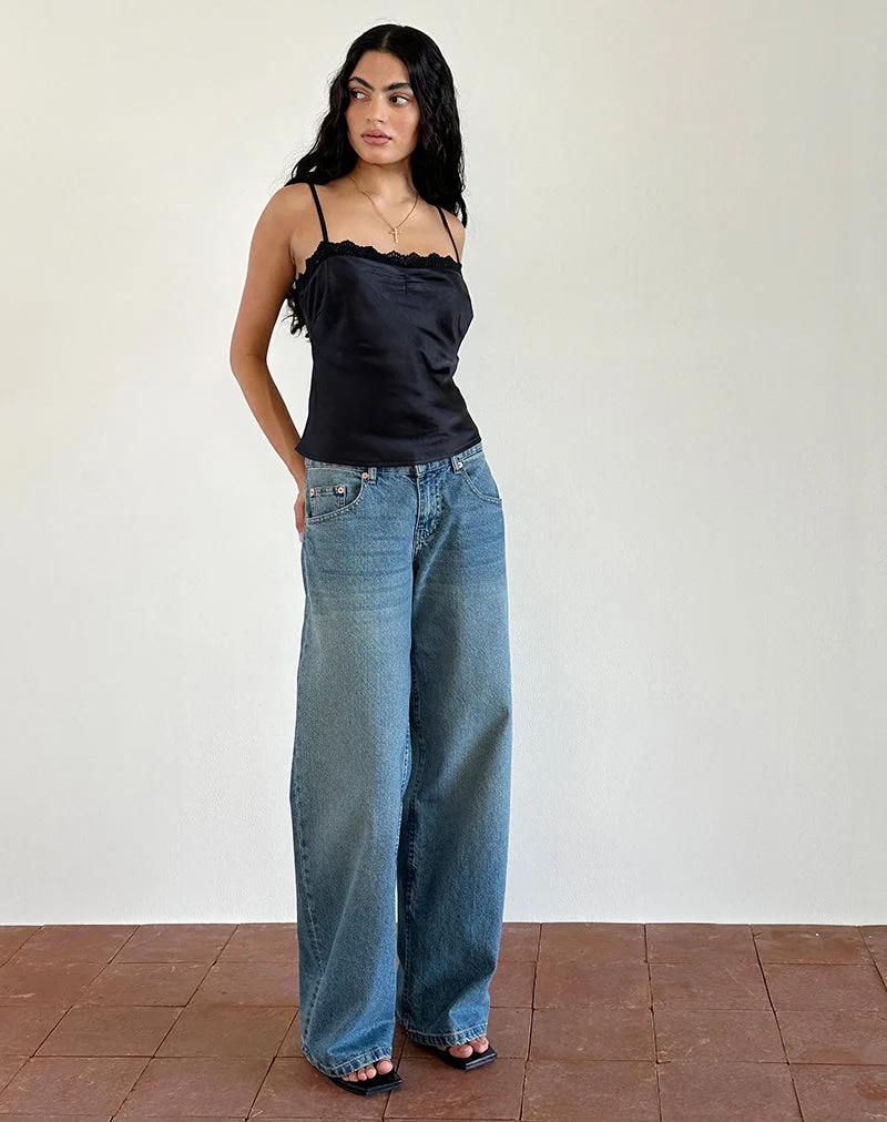 Top Kira en satin noir avec dentelle noire