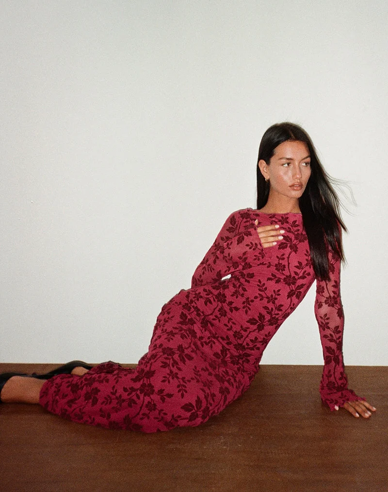 Robe longue à manches longues Slokya, flocage floral Vine Cherry