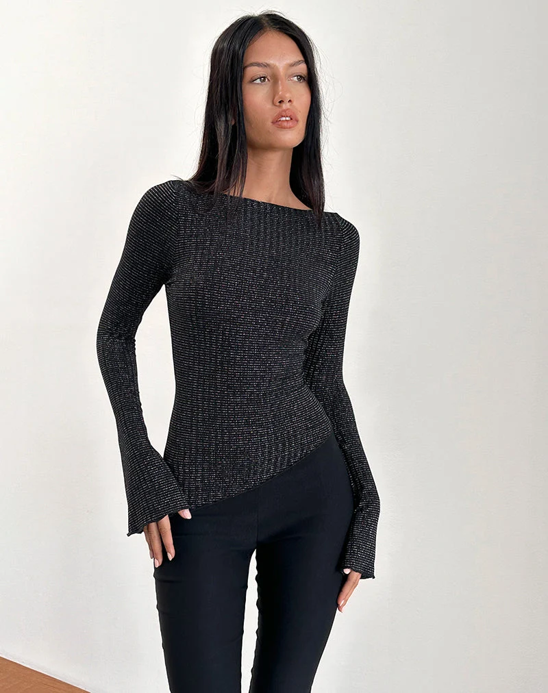 Lukia Long Sleeve Top in Metallic Stripe Jersey Black (Top à manches longues en jersey à rayures métalliques)