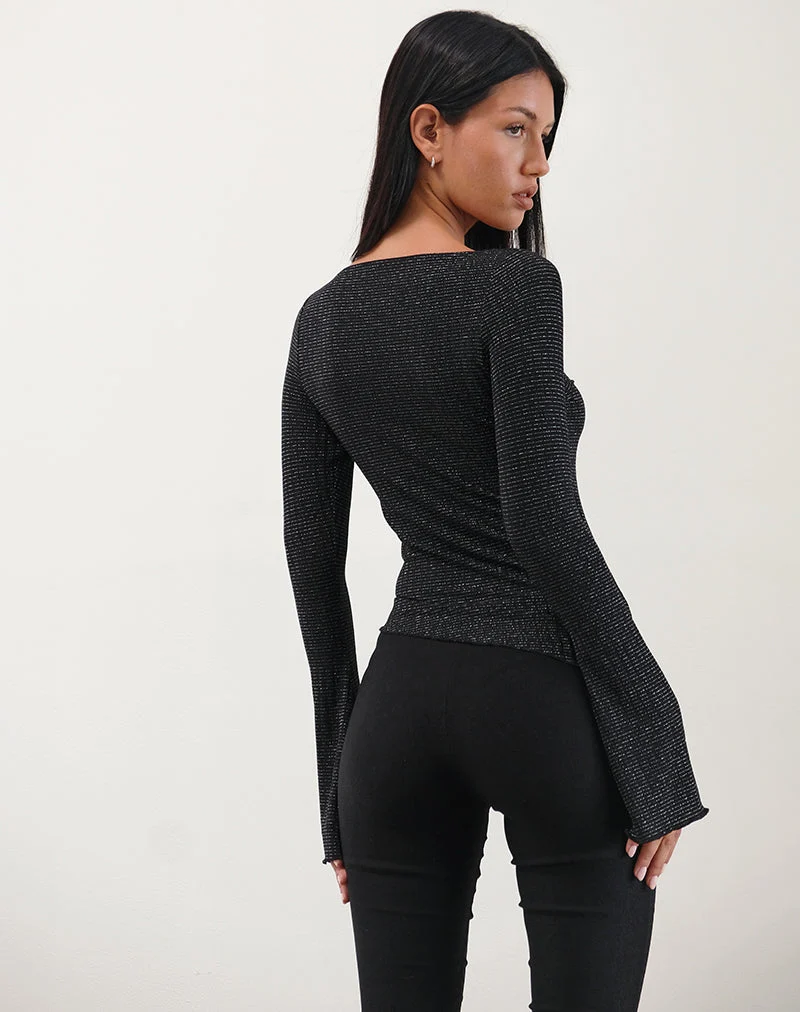 Lukia Long Sleeve Top in Metallic Stripe Jersey Black (Top à manches longues en jersey à rayures métalliques)