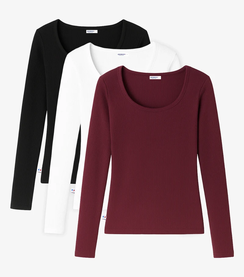 T-shirt Femme Côtelé Manches Longues x3 - Pack Tricolore