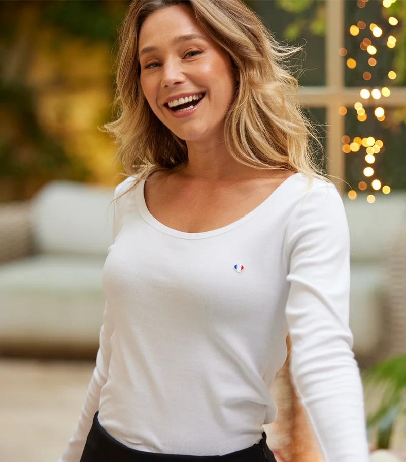 T-shirt Femme Côtelé Manches Longues Blanc - Iconique