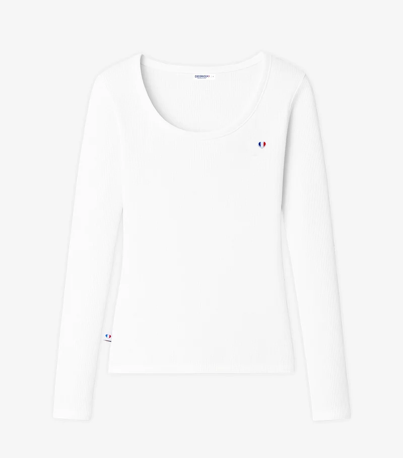T-shirt Femme Côtelé Manches Longues Blanc - Iconique