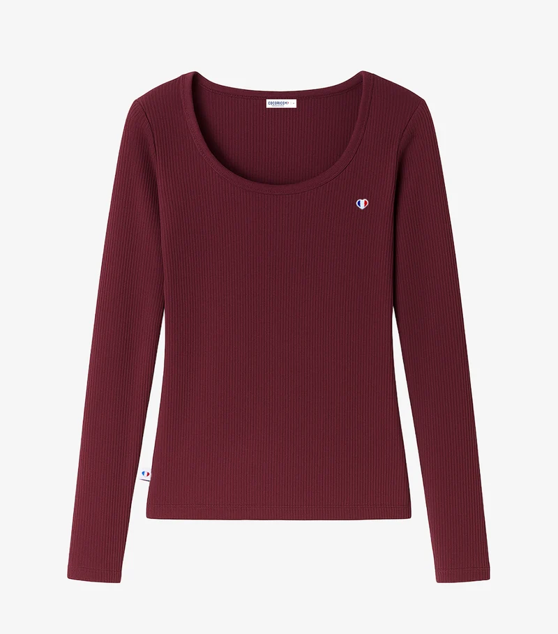 T-shirt Femme Côtelé Manches Longues Bordeaux - Iconique
