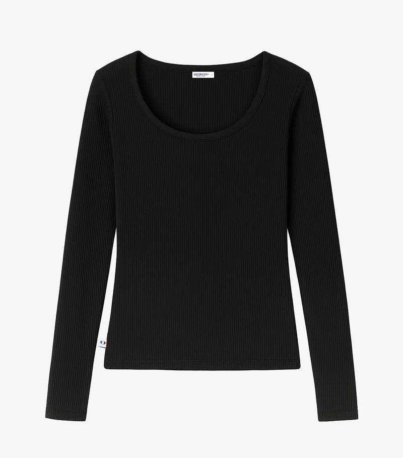 T-shirt Femme Côtelé Manches Longues Noir - Intemporel