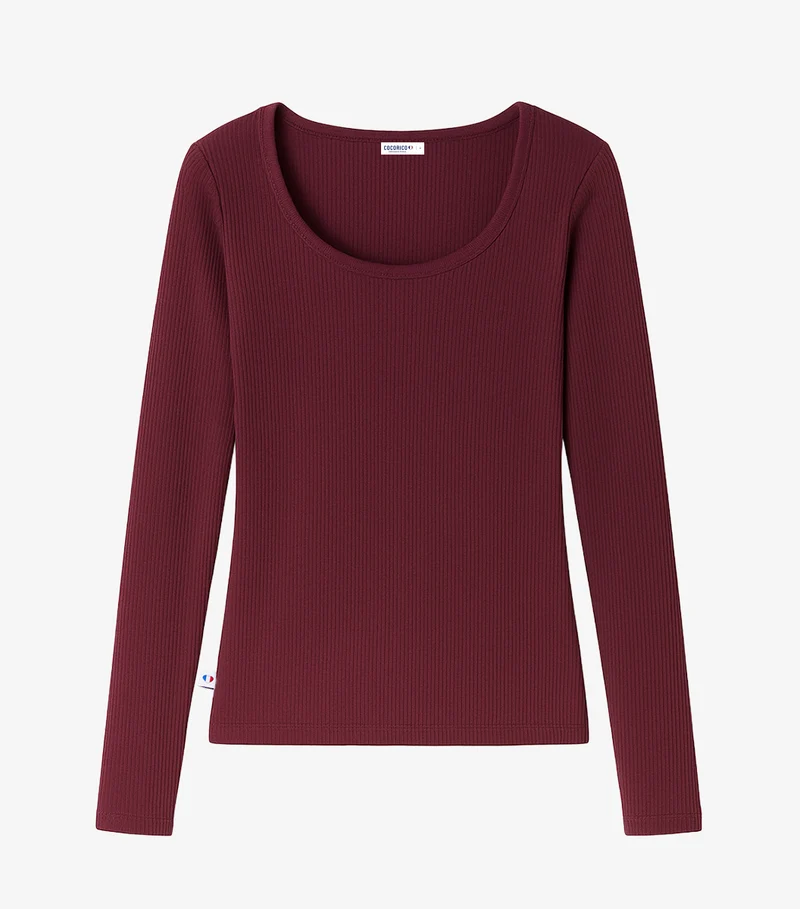 T-shirt Femme Côtelé Manches Longues Bordeaux - Intemporel