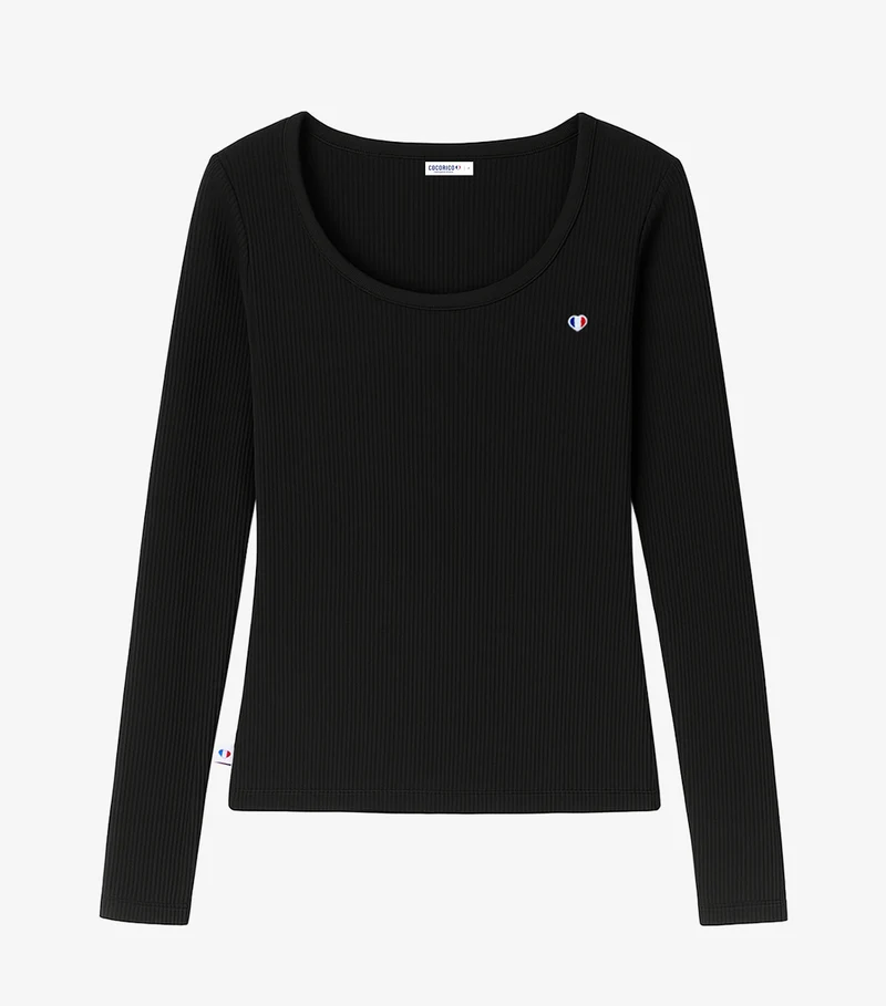 T-shirt Femme Côtelé Manches Longues Noir - Iconique
