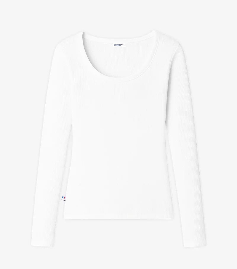 T-shirt Femme Côtelé Manches Longues Blanc - Intemporel