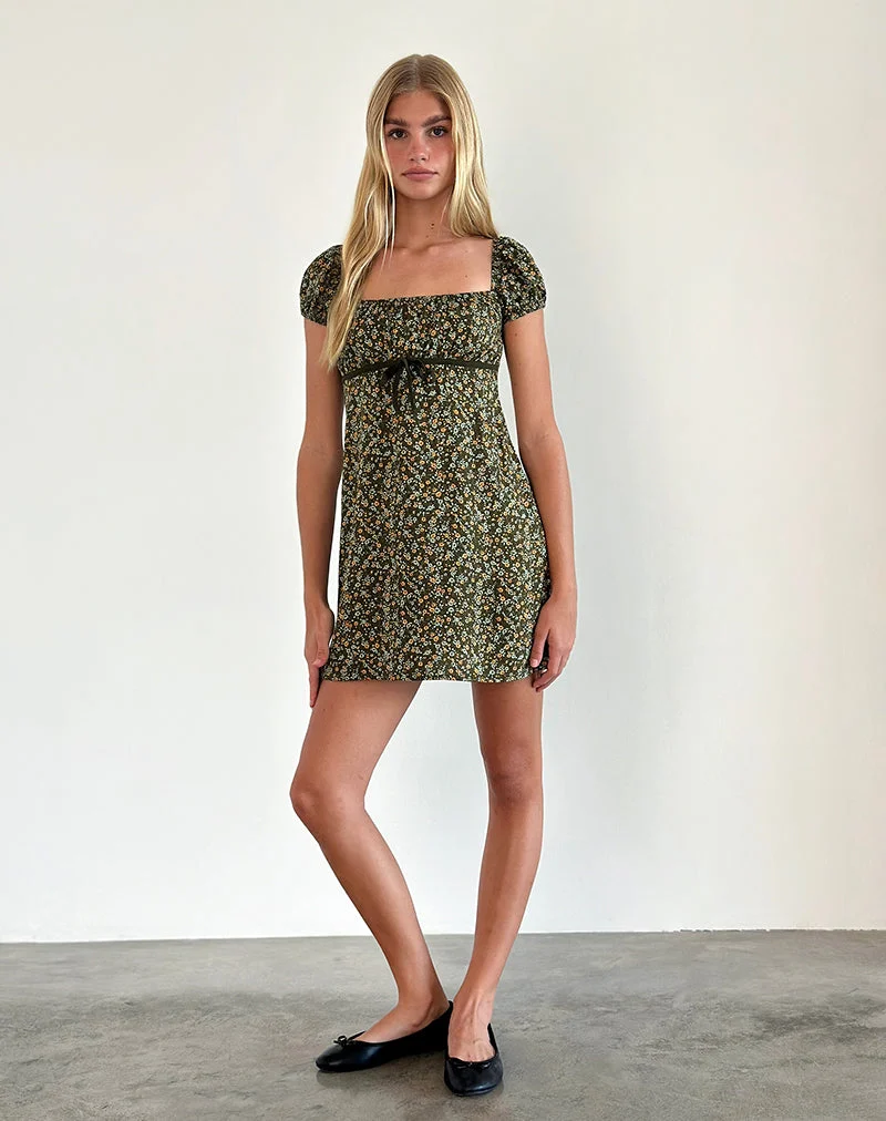 Savio Mini Robe en Grunge Floral Khaki
