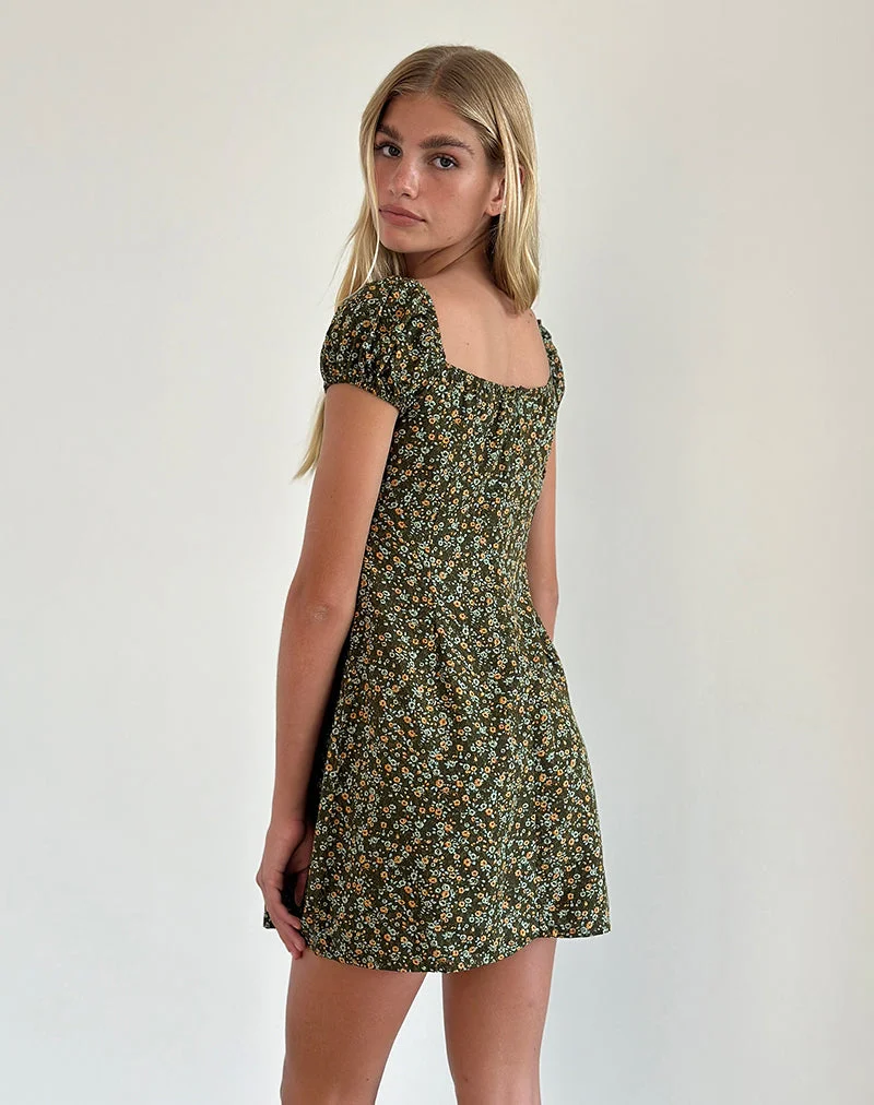 Savio Mini Robe en Grunge Floral Khaki
