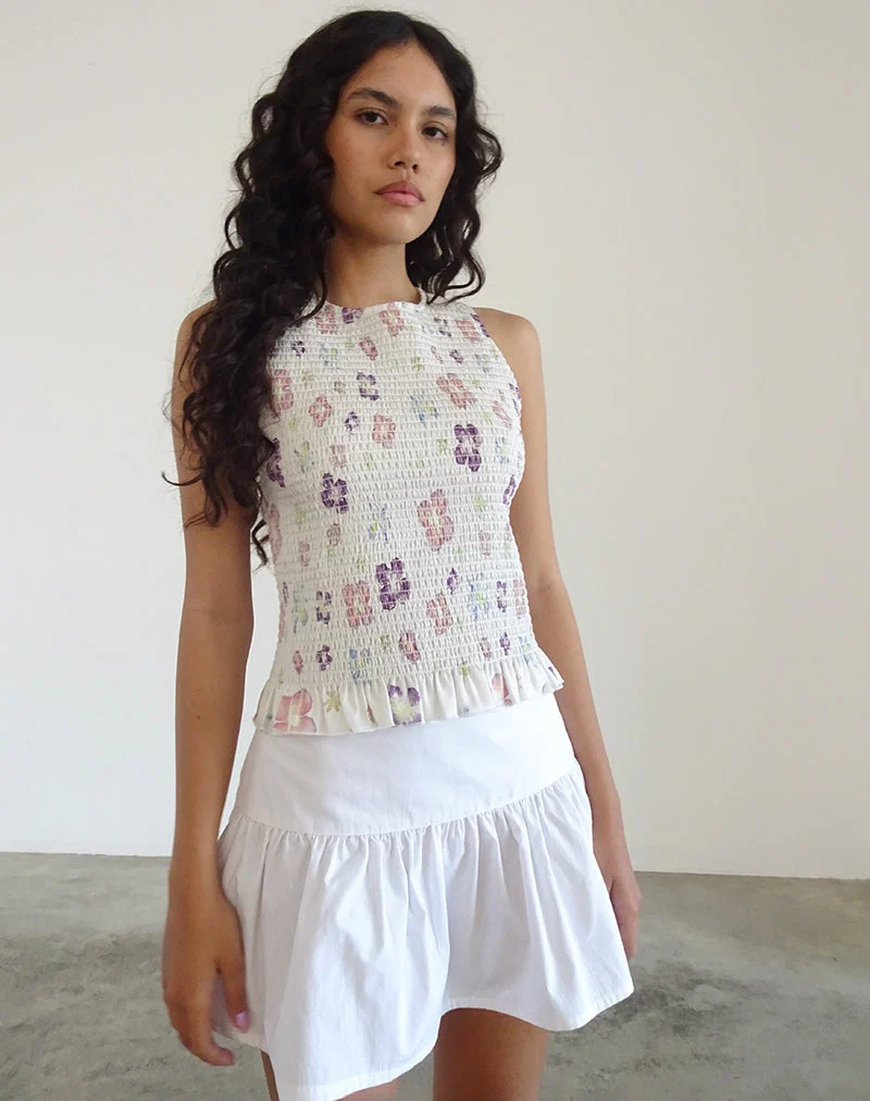 Kagumi Shirred Top in Flower Stamp Purple (Top froncé en violet)