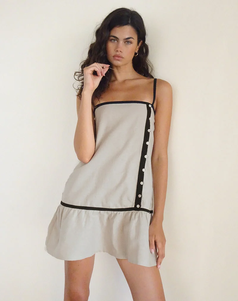 Mini robe de thé Berin en lin écru avec bordures noires