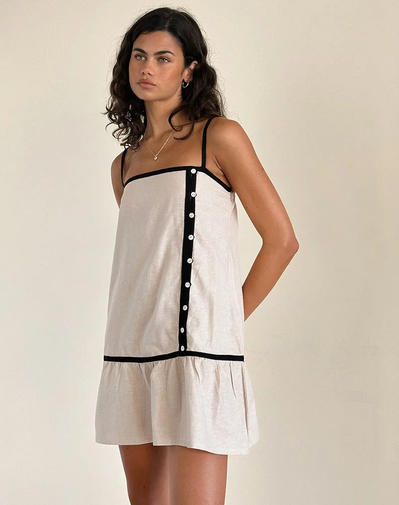 Mini robe de thé Berin en lin écru avec bordures noires