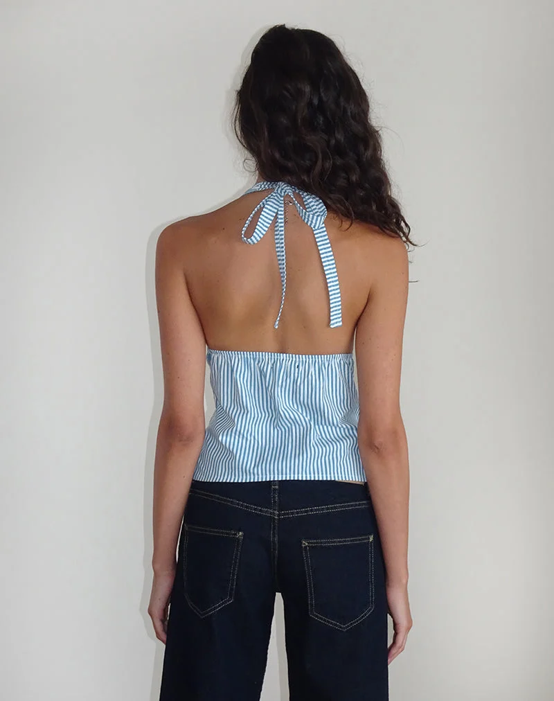 Top Nandu en popeline bleu à petites rayures verticales