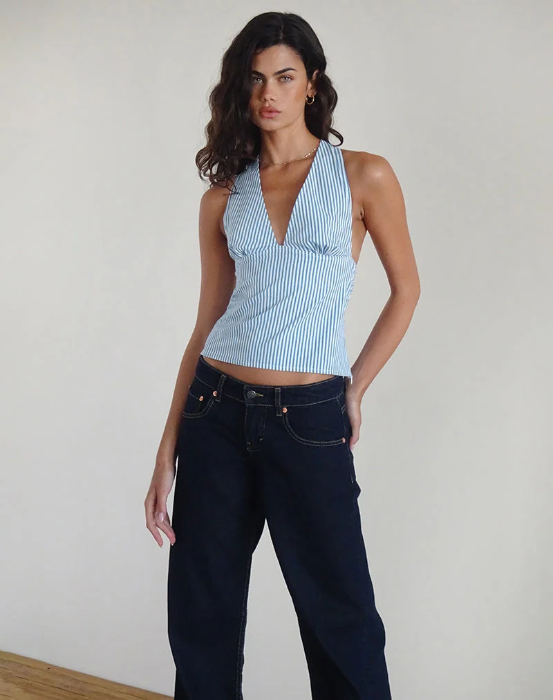 Top Nandu en popeline bleu à petites rayures verticales