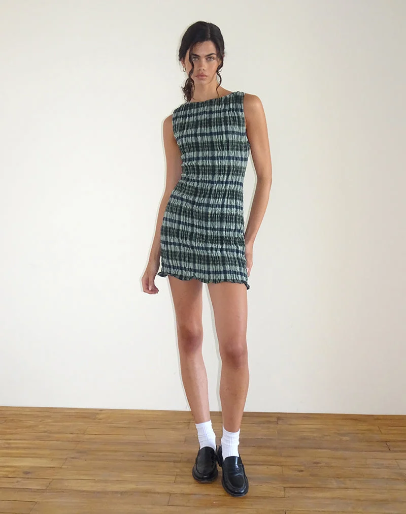 Takayi Mini robe en lin à carreaux monochromes vert
