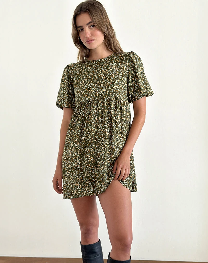 Marate - Mini robe à manches bouffantes en tissu floral grunge kaki