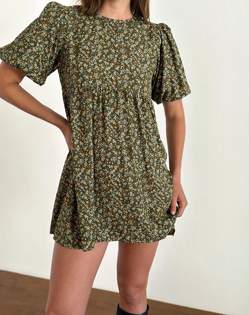 Marate - Mini robe à manches bouffantes en tissu floral grunge kaki