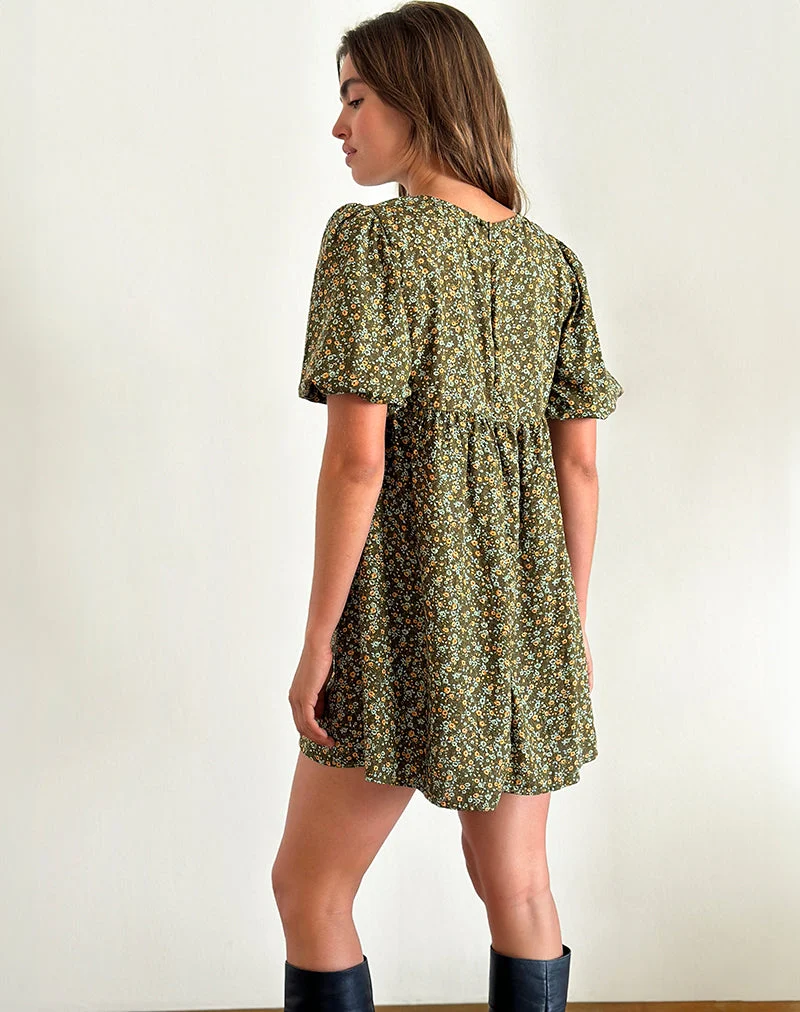Marate - Mini robe à manches bouffantes en tissu floral grunge kaki