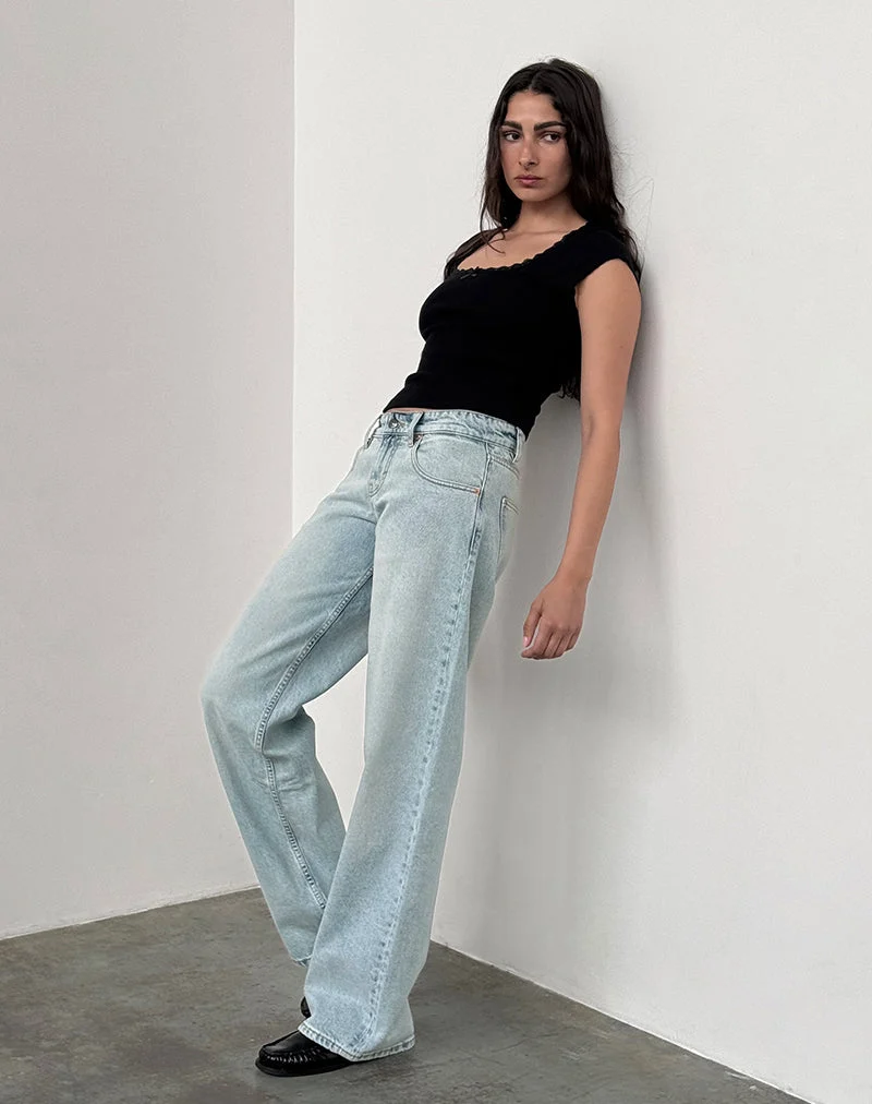 Jean parallèle taille basse, délavage extrême bleu clair