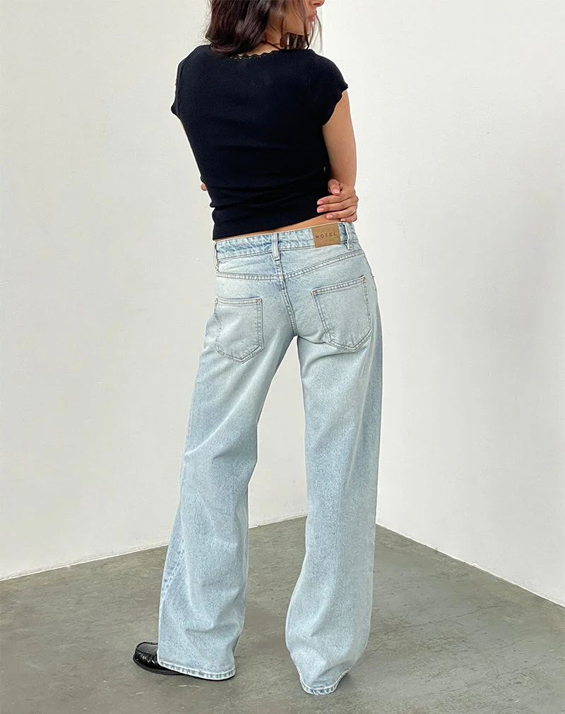 Jean parallèle taille basse, délavage extrême bleu clair