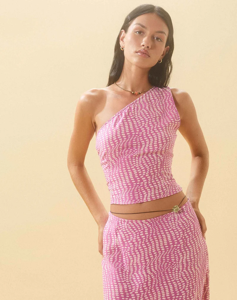 Bayan One Shoulder Top in Wavy Polka Purple (Top asymétrique Bayan à pois ondulés)