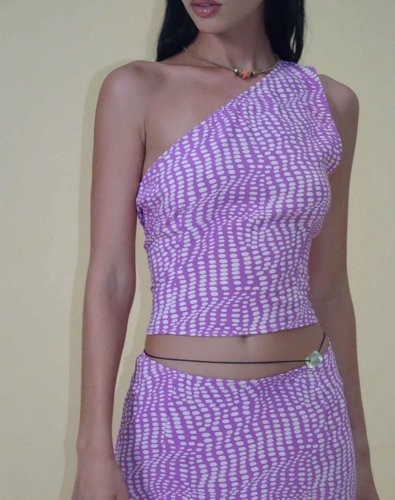 Bayan One Shoulder Top in Wavy Polka Purple (Top asymétrique Bayan à pois ondulés)
