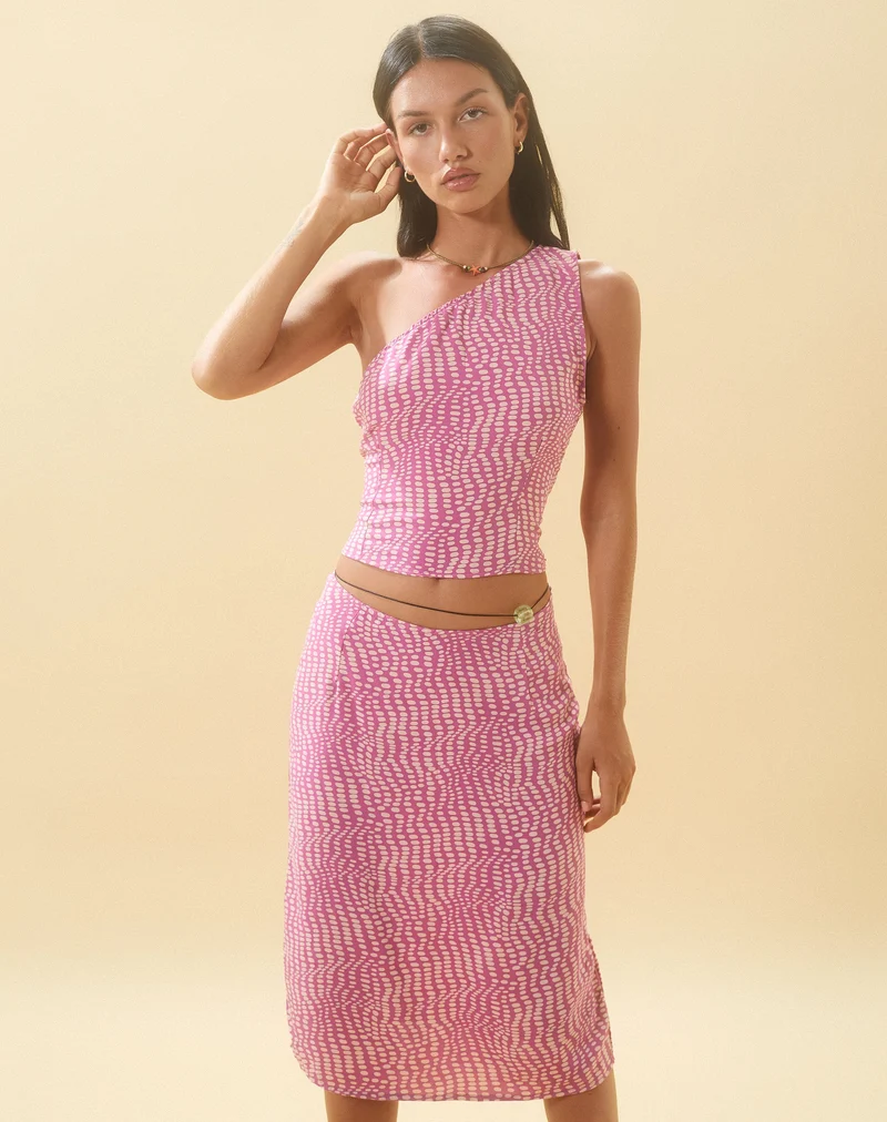 Bayan One Shoulder Top in Wavy Polka Purple (Top asymétrique Bayan à pois ondulés)