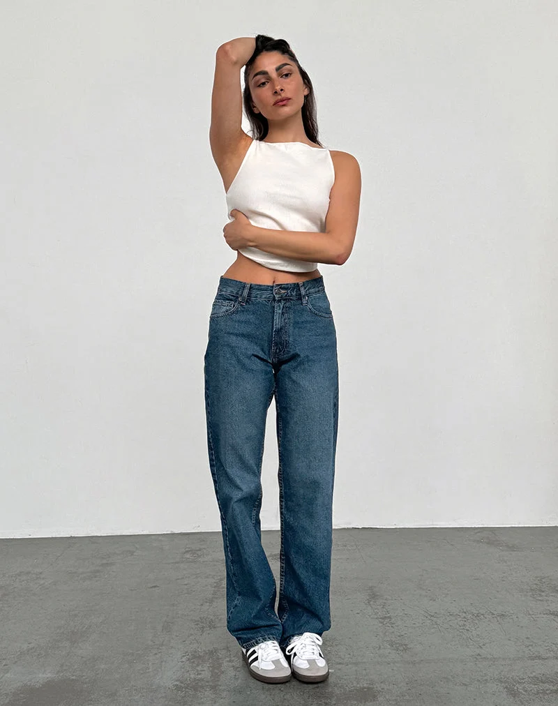 Jean parallèle slim à taille moyenne, bleu moyen usagé