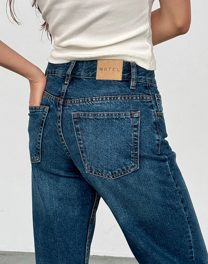 Jean parallèle slim à taille moyenne, bleu moyen usagé