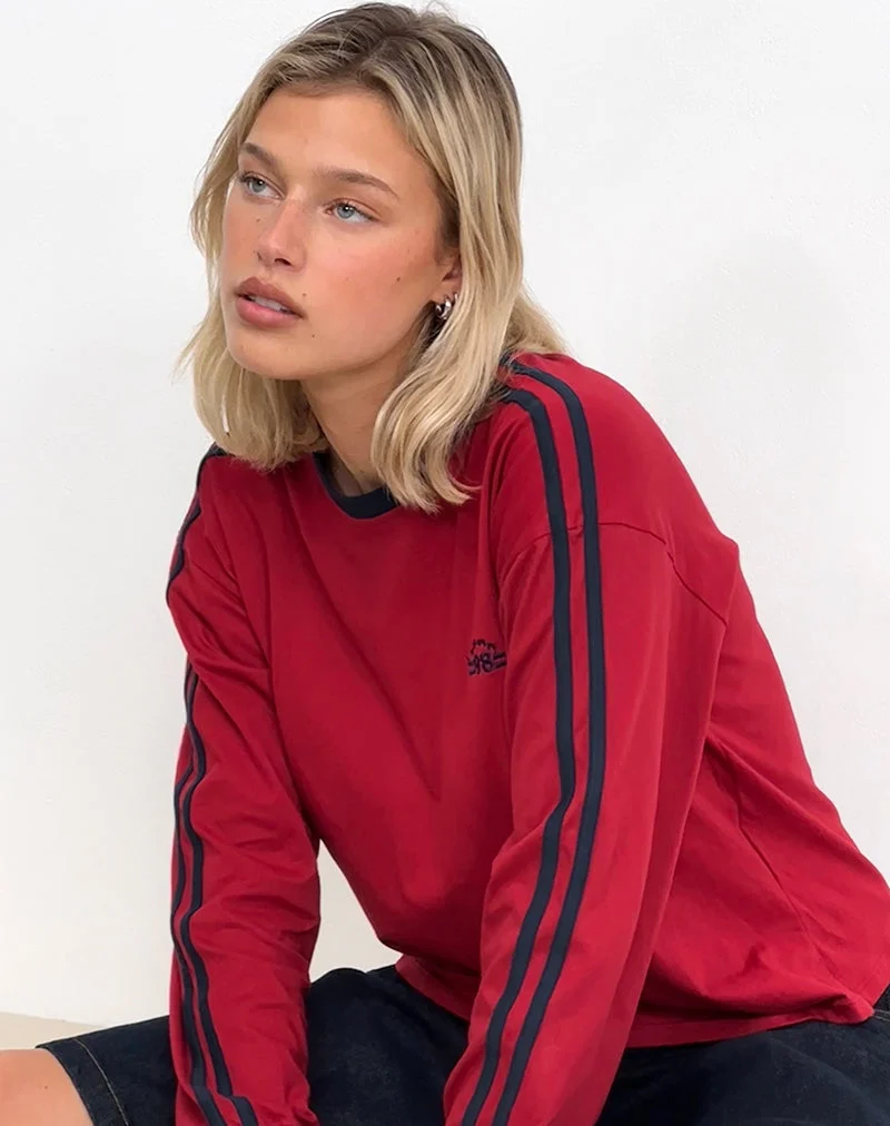 Prata Long Sleeve Top in Adrenaline Red with Navy Binding (Top à manches longues Prata, rouge adrénaline et reliure marine)