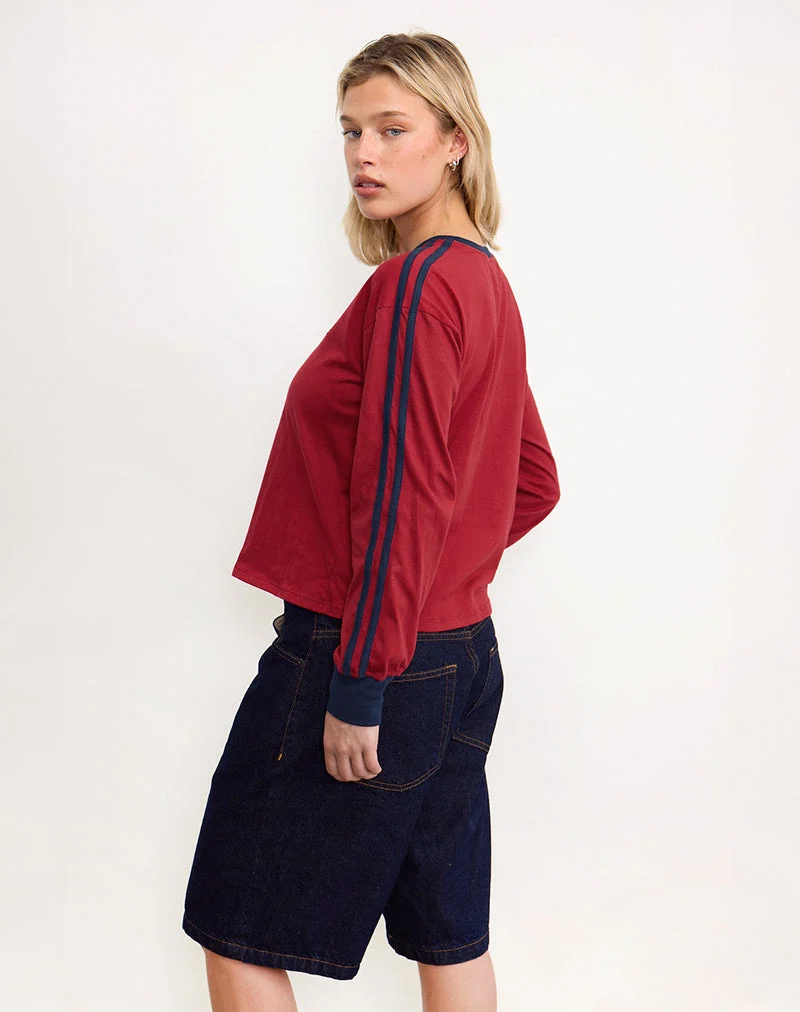 Prata Long Sleeve Top in Adrenaline Red with Navy Binding (Top à manches longues Prata, rouge adrénaline et reliure marine)