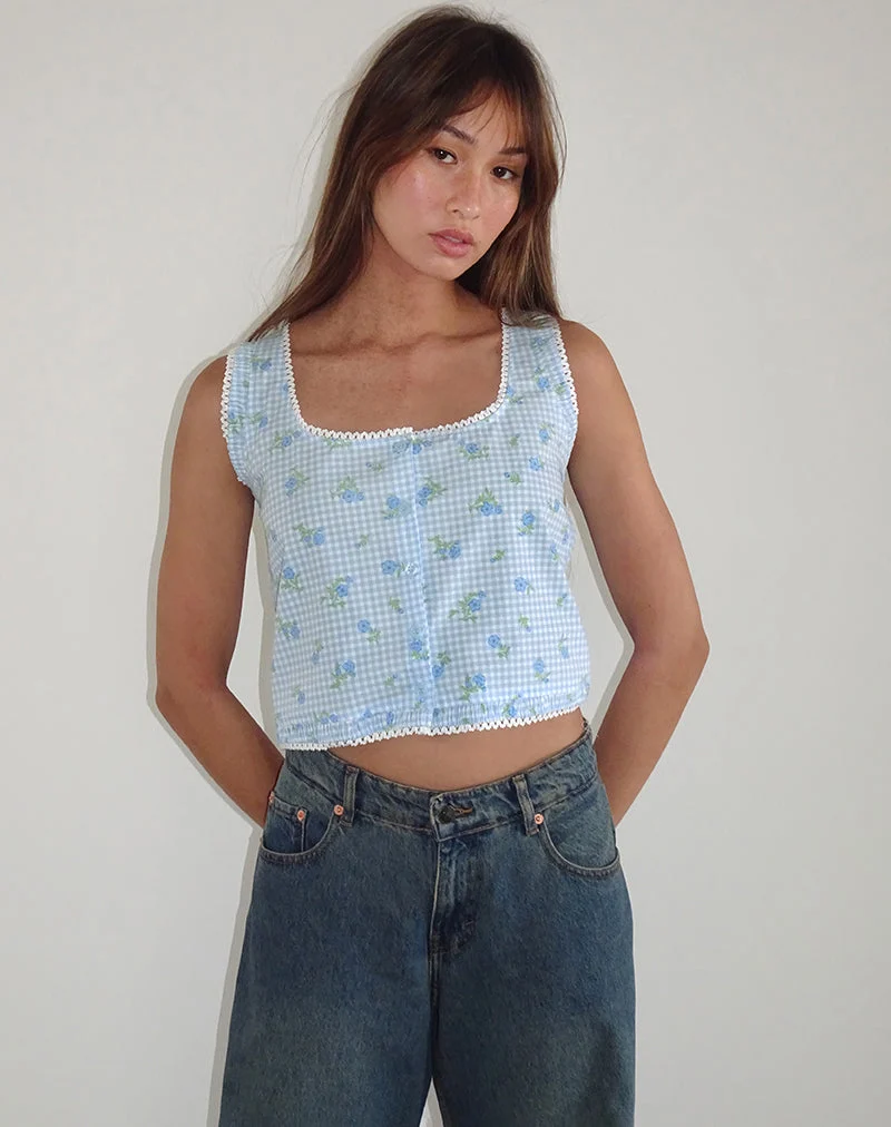 Top Ternya en vichy à fleurs bleues
