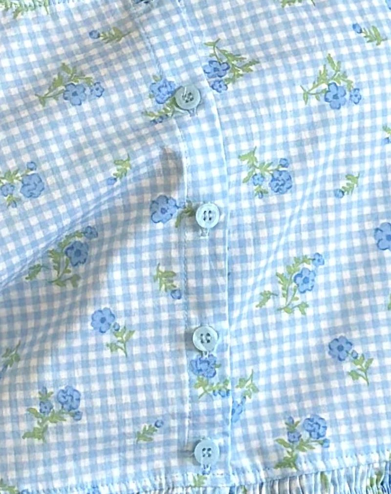 Top Ternya en vichy à fleurs bleues